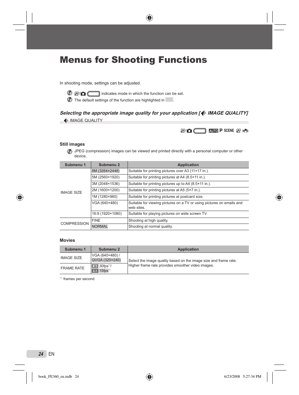 Menus for shooting functions, 24 en | Olympus FE-360 User Manual | Page 24 / 62