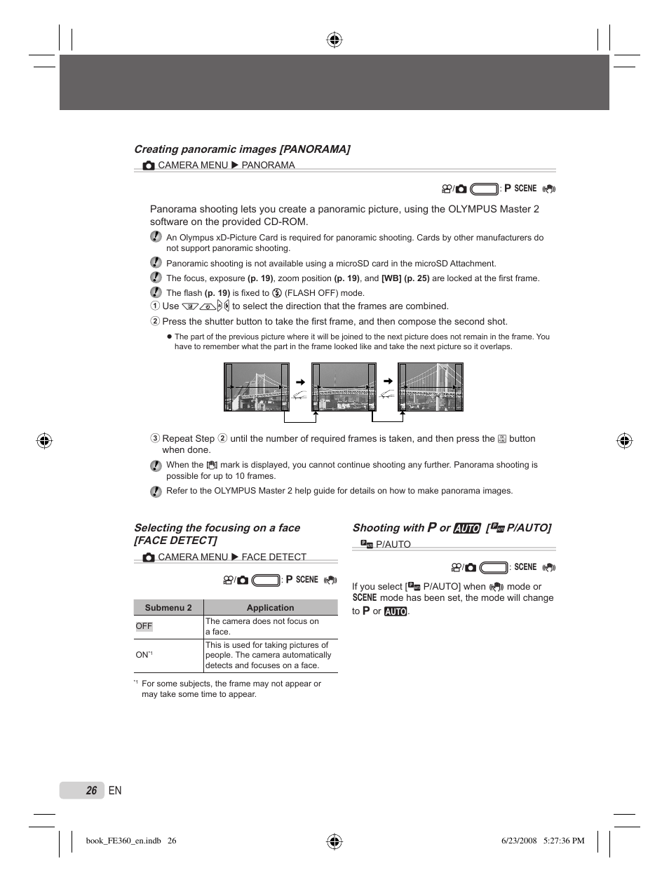 26 en creating panoramic images [ panorama, Selecting the focusing on a face [ face detect, Shooting with p or h [ c p/auto | Olympus FE-360 User Manual | Page 26 / 62