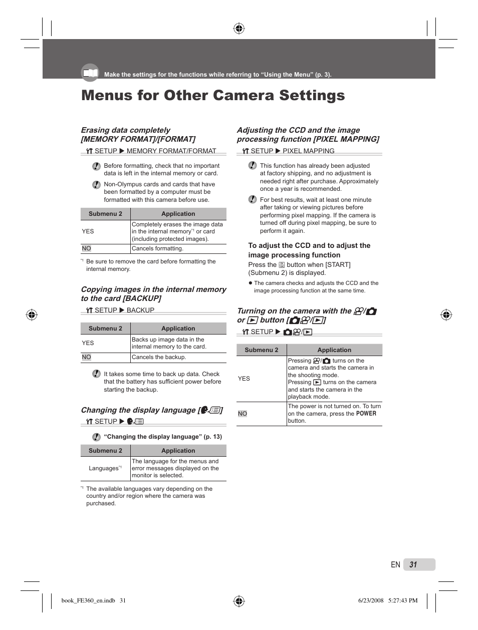 Menus for other camera settings, 31 en, Changing the display language [ w | Olympus FE-360 User Manual | Page 31 / 62