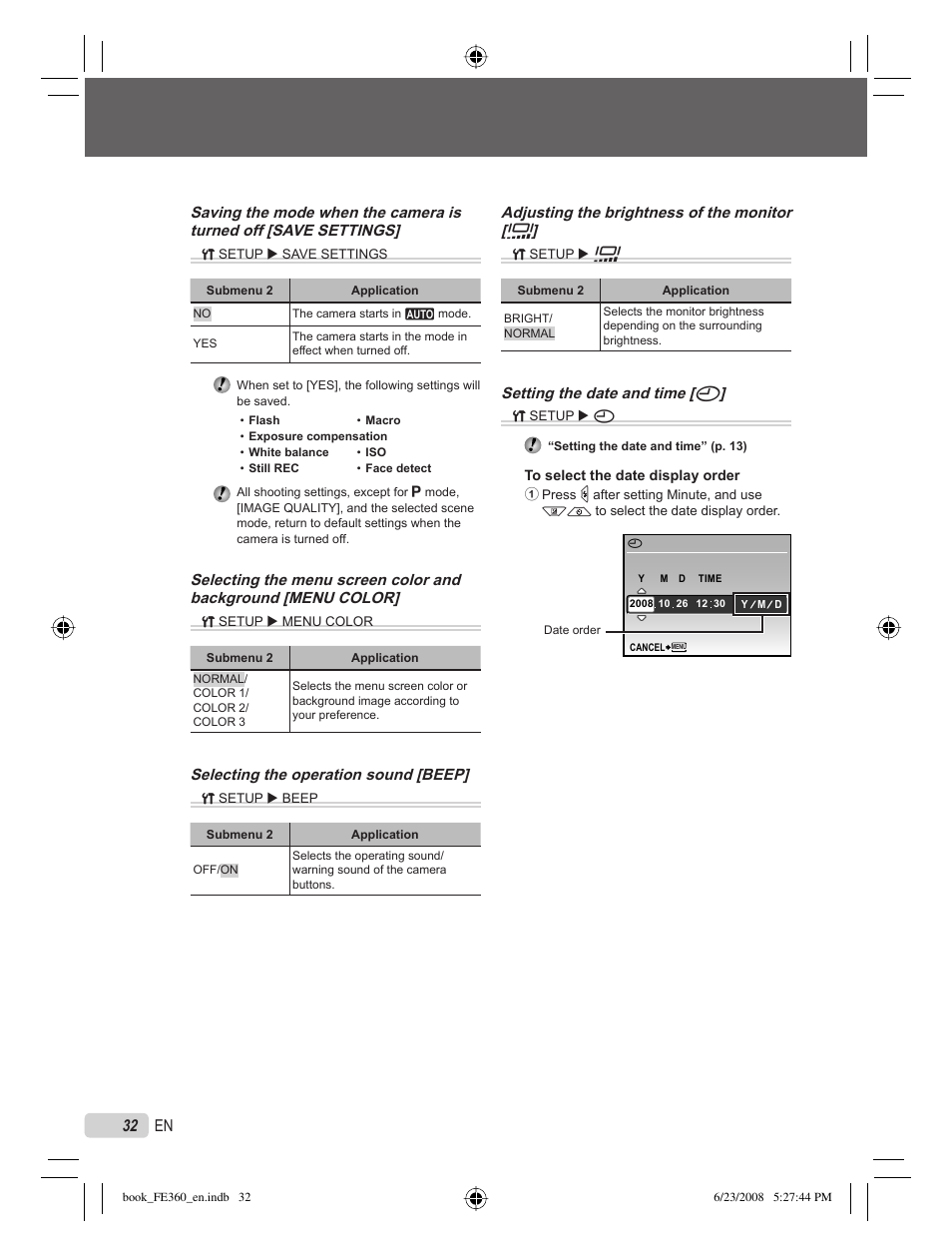32 en adjusting the brightness of the monitor [ s, Setting the date and time [ x, Selecting the operation sound [ beep | Olympus FE-360 User Manual | Page 32 / 62