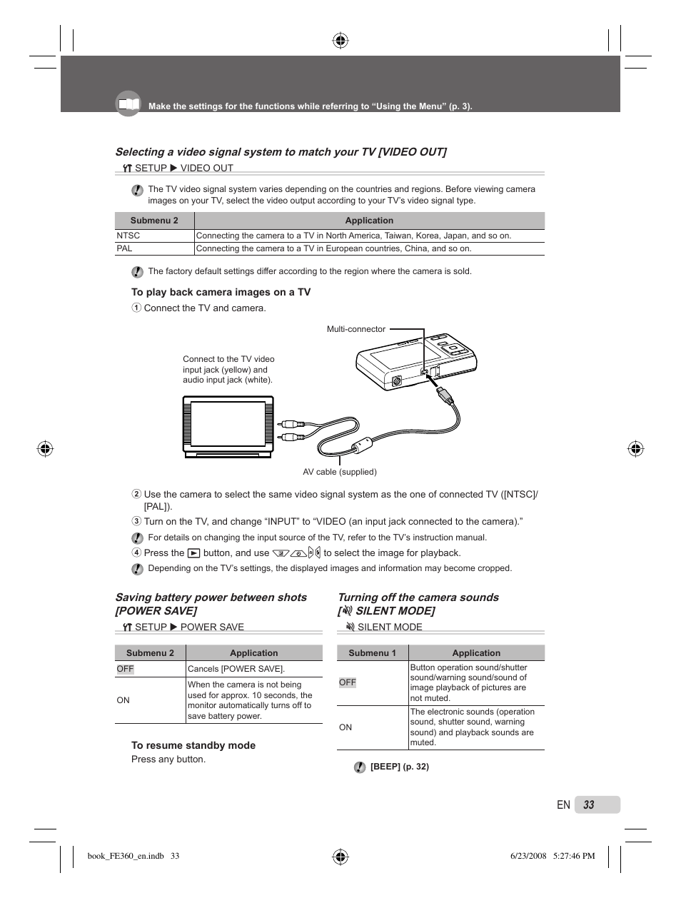 33 en, Saving battery power between shots [ power save, Turning off the camera sounds [ j silent mode | Olympus FE-360 User Manual | Page 33 / 62