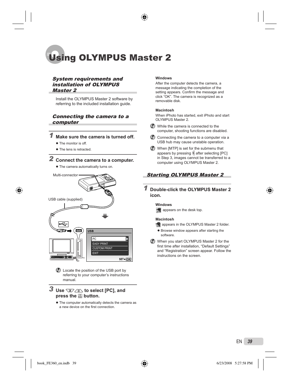 Using olympus master 2, Starting olympus master 2, Connecting the camera to a computer | Olympus FE-360 User Manual | Page 39 / 62