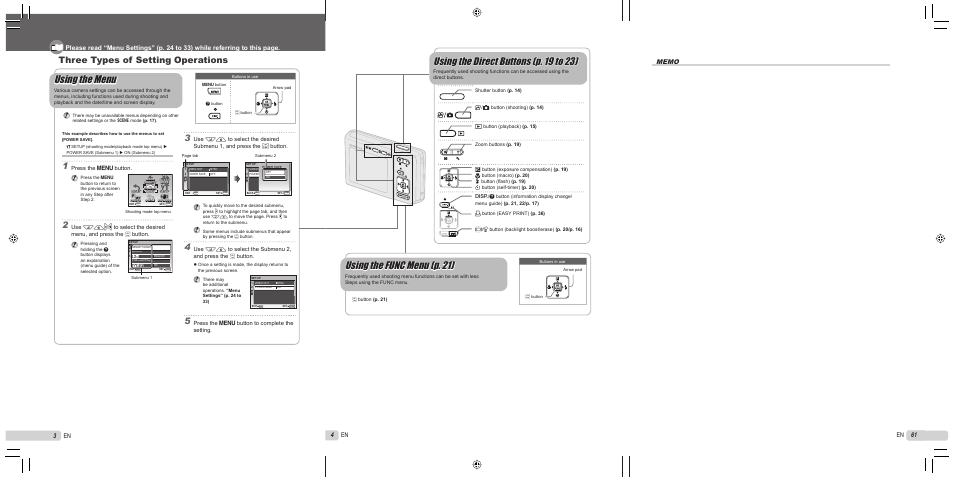 Using the func menu (p. 21), Using the direct buttons (p. 19 to 23), Using the menu | Three types of setting operations, 4 en, 61 en, 3 en, Press the  button, Button, Press the  button to complete the setting | Olympus FE-360 User Manual | Page 4 / 62