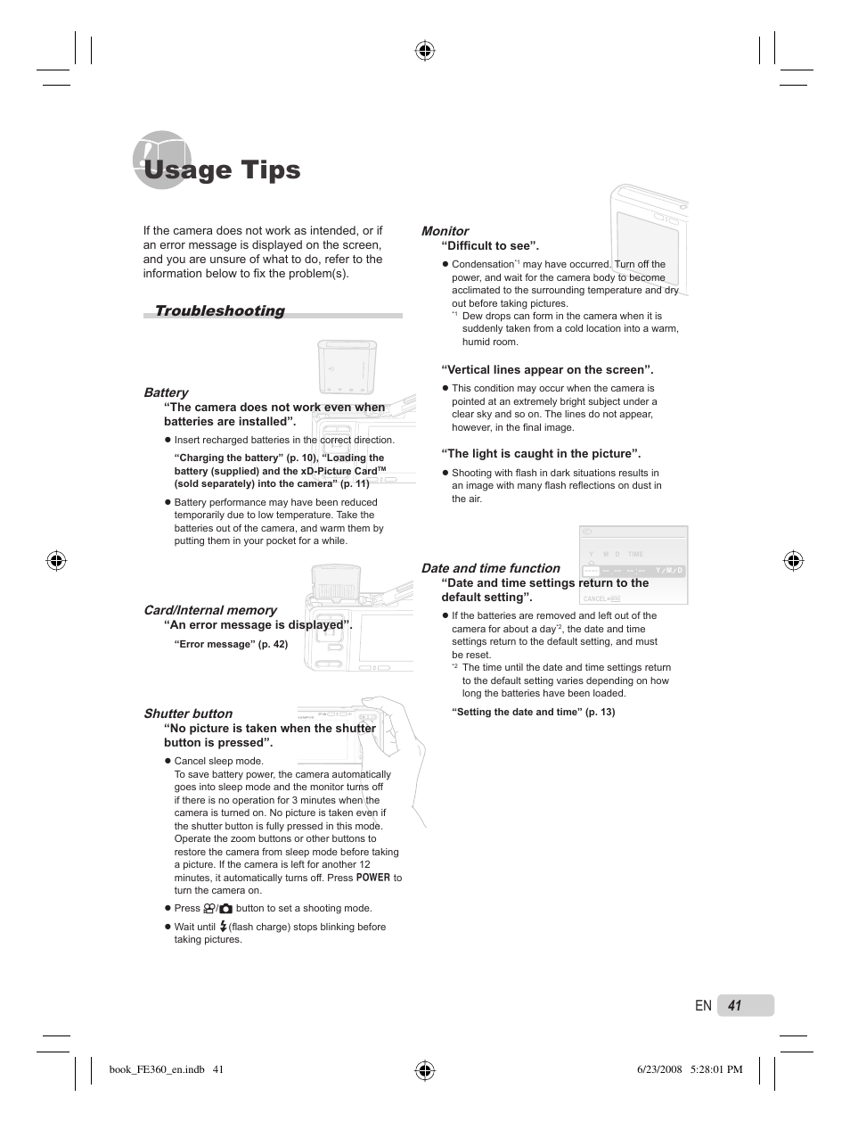Usage tips, Troubleshooting, 41 en | Olympus FE-360 User Manual | Page 41 / 62