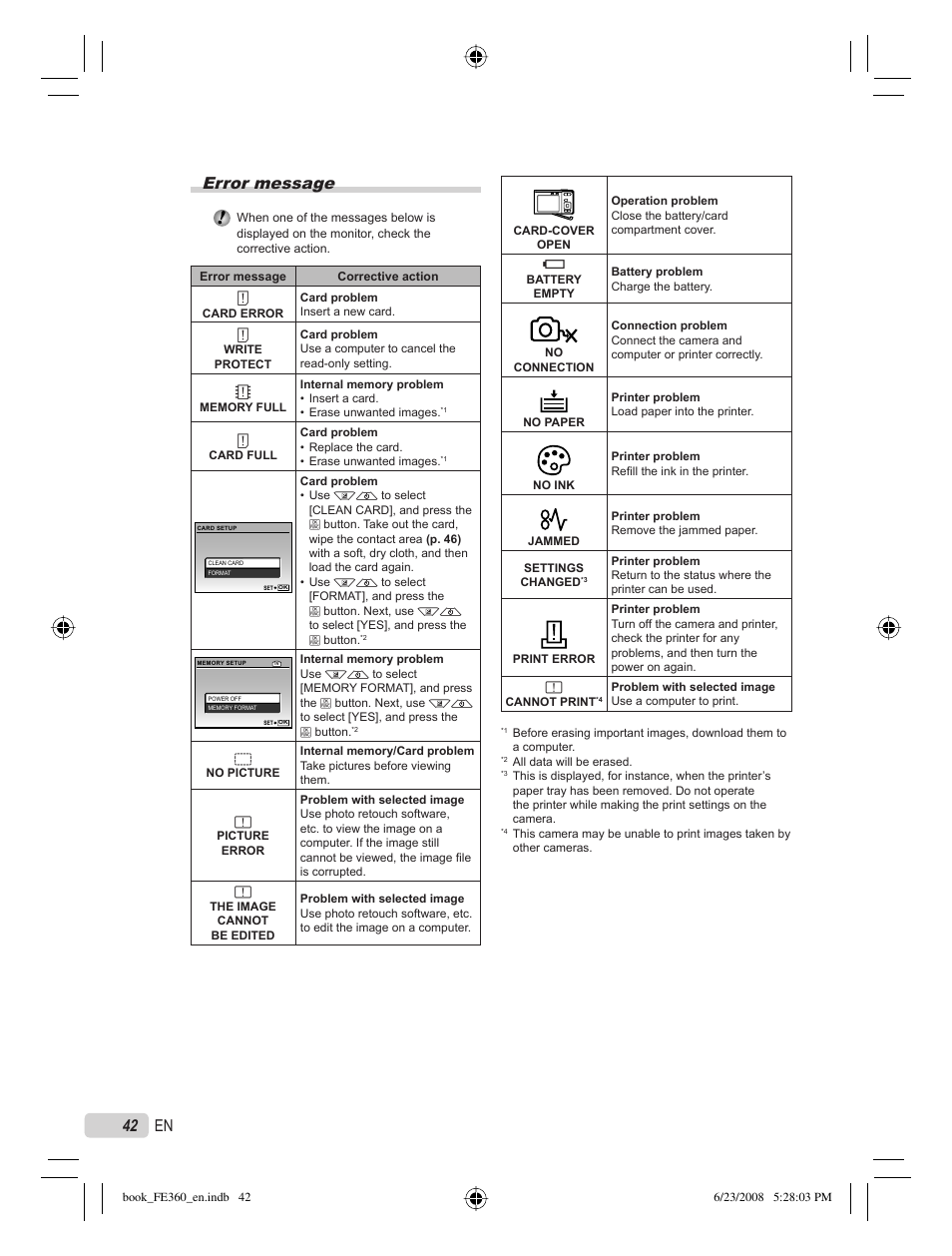 Error message, 42 en | Olympus FE-360 User Manual | Page 42 / 62