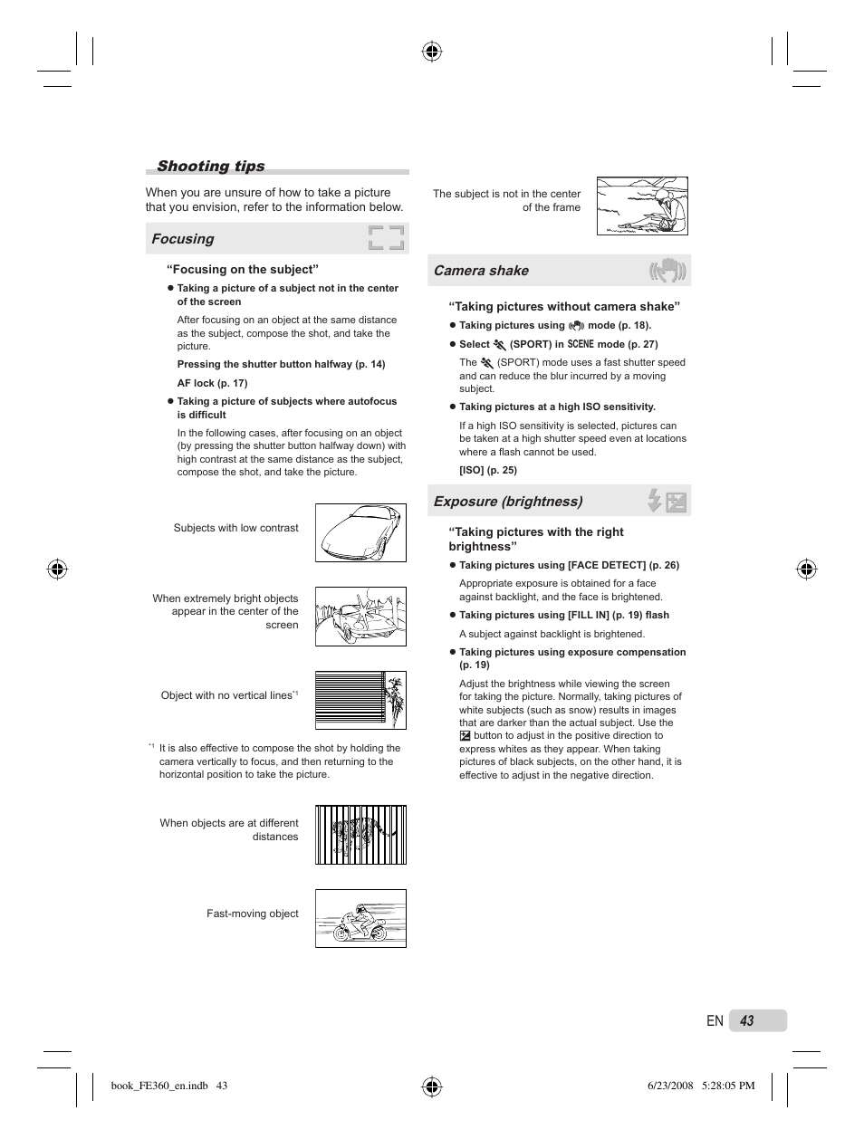 Shooting tips, 43 en, Focusing | Camera shake, Exposure (brightness) | Olympus FE-360 User Manual | Page 43 / 62