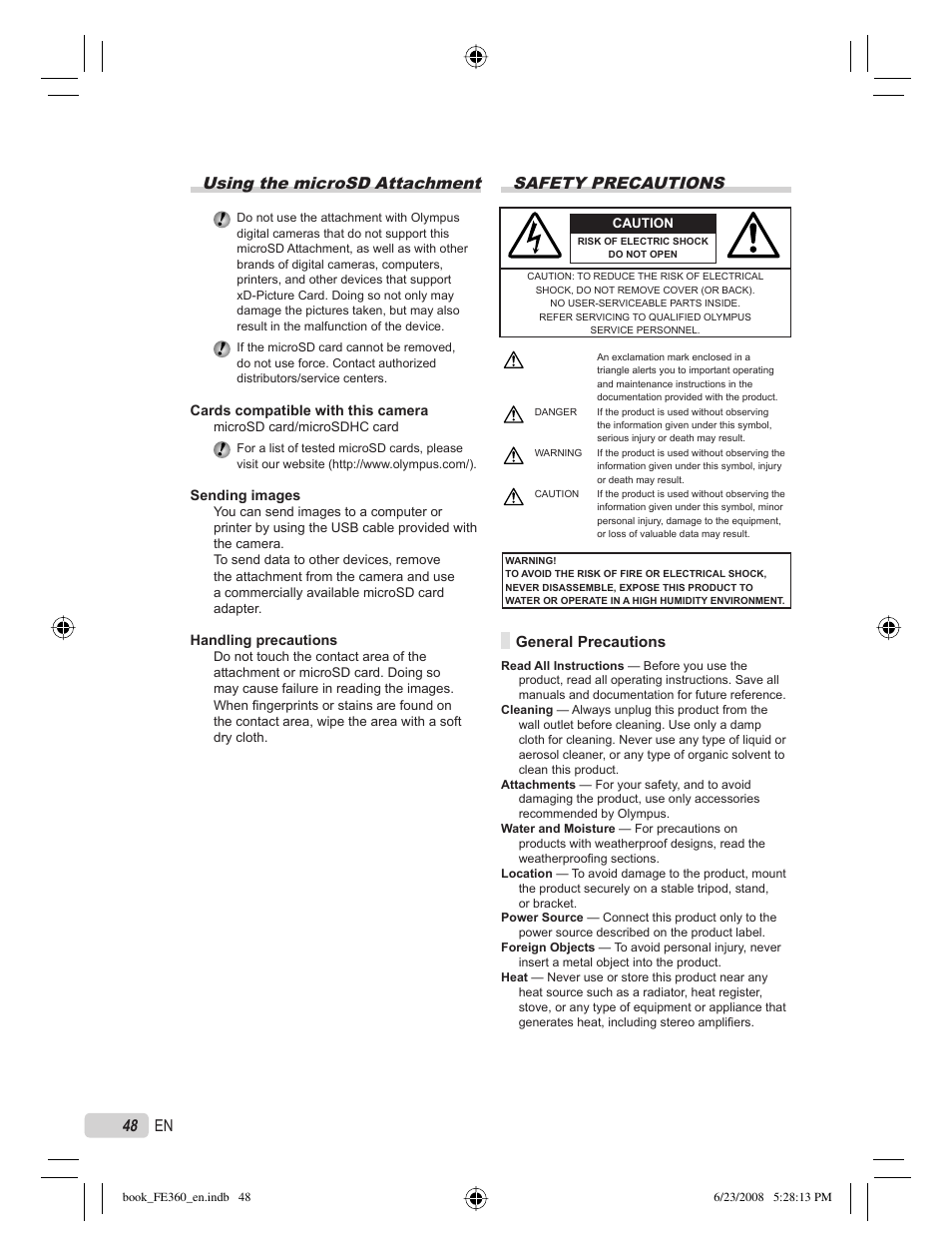 Using the microsd attachment, Safety precautions, 48 en | Olympus FE-360 User Manual | Page 48 / 62