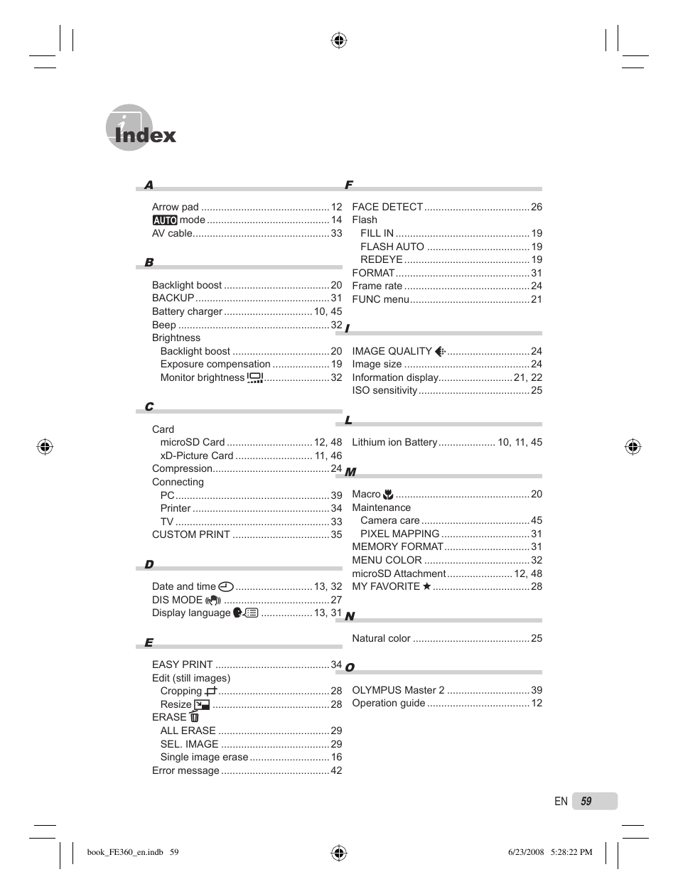 Index | Olympus FE-360 User Manual | Page 59 / 62