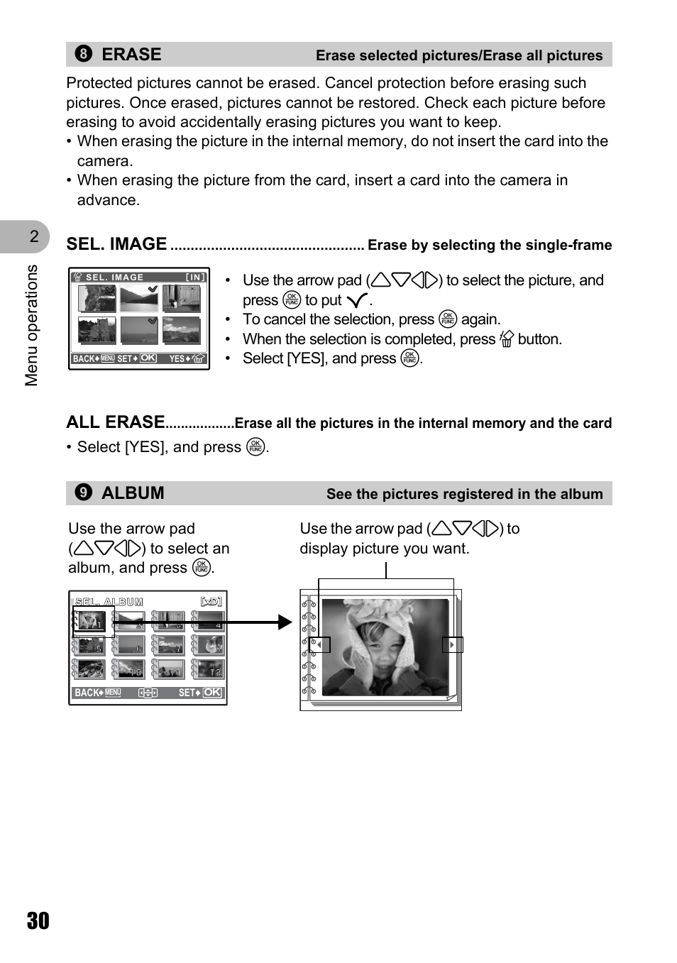 Erase selected pictures/erase all pictures, Erase by selecting the single-frame, See the pictures registered in the album | 8erase, Sel. image, All erase, 9album, Menu o perat ion s 2 | Olympus STYLUS 700 User Manual | Page 30 / 86