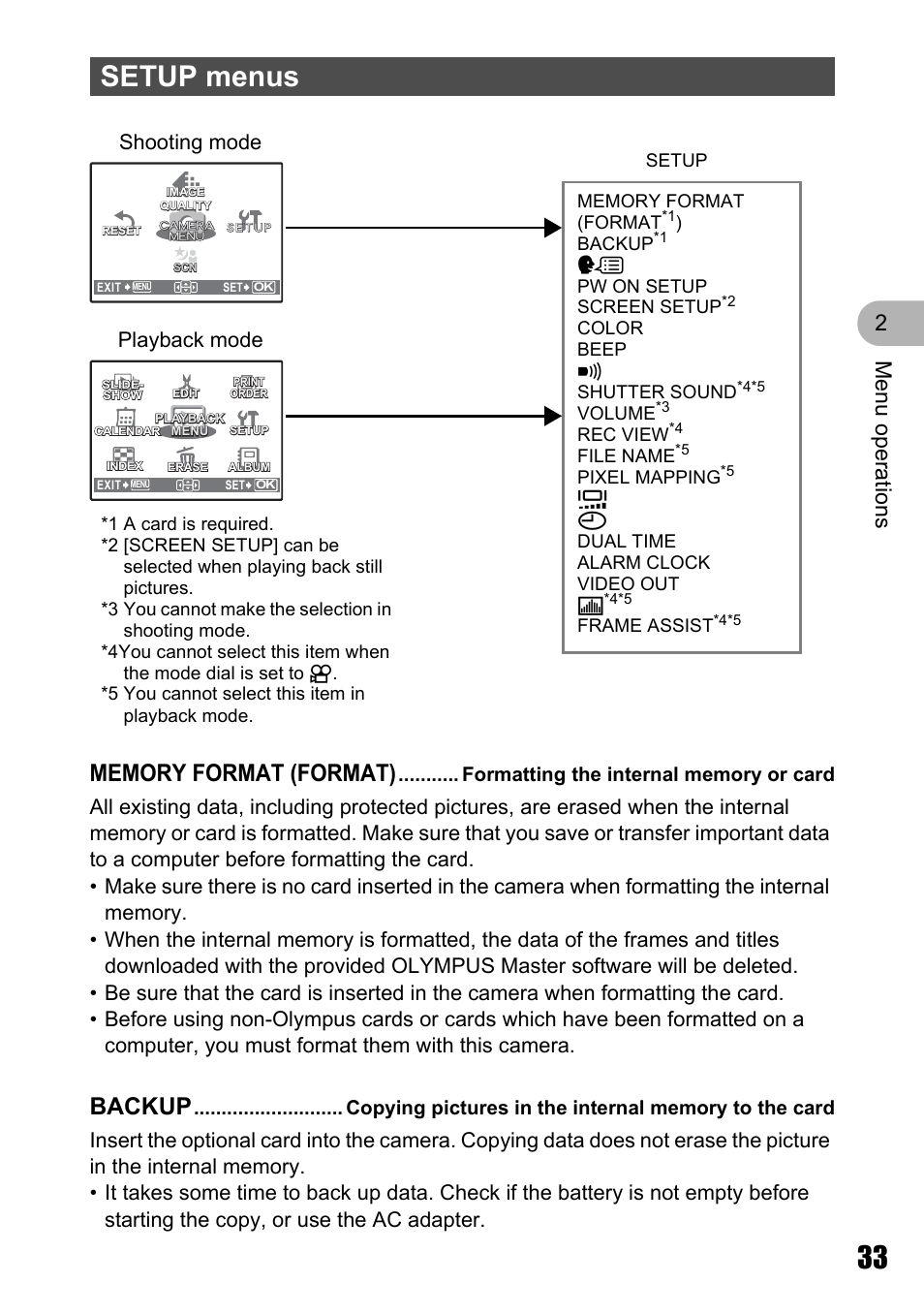 Setup menus, Formatting the internal memory or card, Setup menus” (p. 33) | Backup, Men u o perat io ns 2, Playback mode shooting mode | Olympus STYLUS 700 User Manual | Page 33 / 86