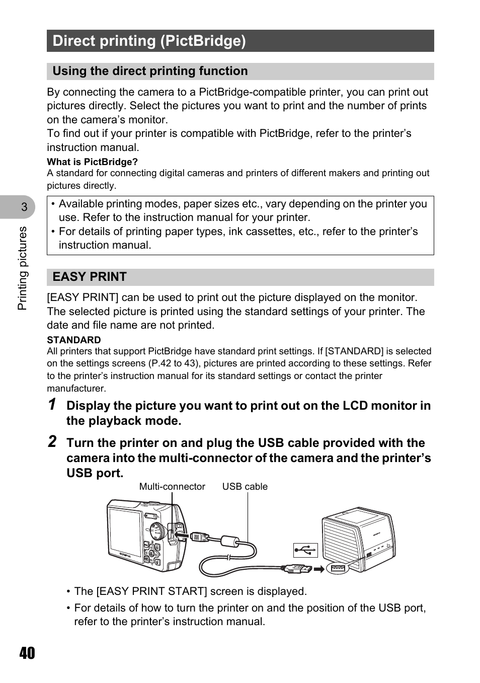Direct printing (pictbridge), Using the direct printing function, Easy print | Olympus STYLUS 700 User Manual | Page 40 / 86