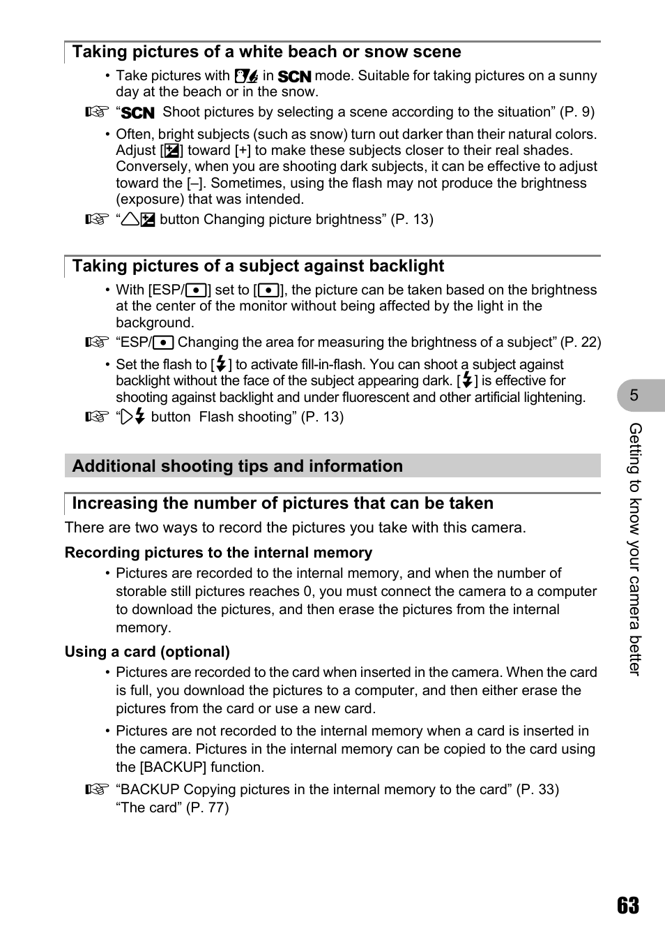 Taking pictures of a white beach or snow scene, Taking pictures of a subject against backlight, Additional shooting tips and information | Olympus STYLUS 700 User Manual | Page 63 / 86
