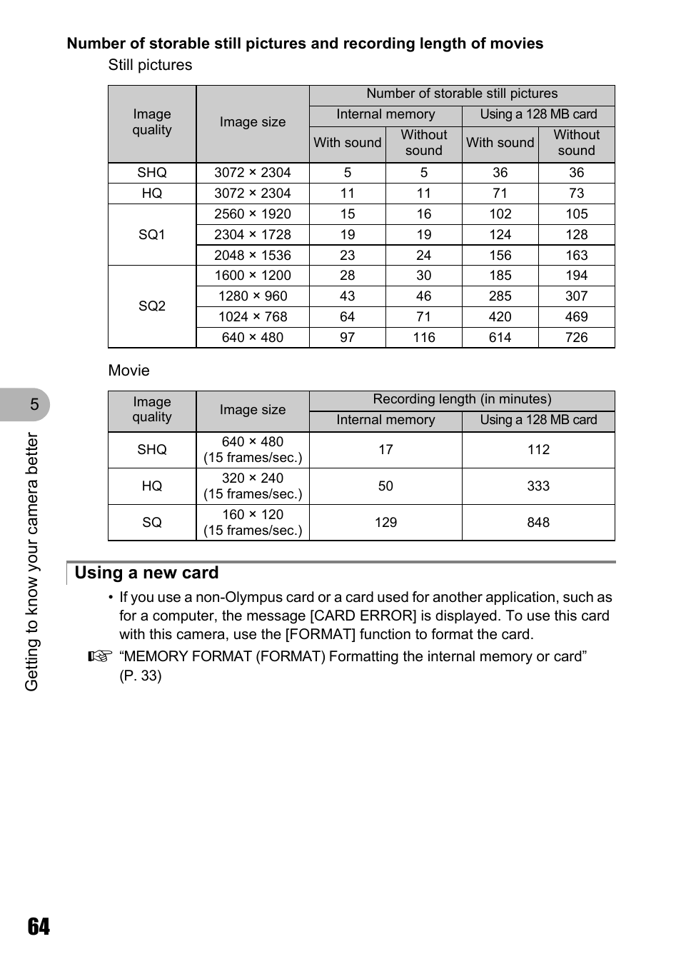 Using a new card | Olympus STYLUS 700 User Manual | Page 64 / 86