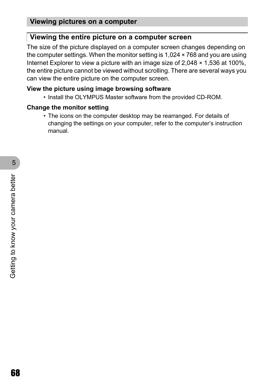 Viewing pictures on a computer, Viewing the entire picture on a computer screen | Olympus STYLUS 700 User Manual | Page 68 / 86