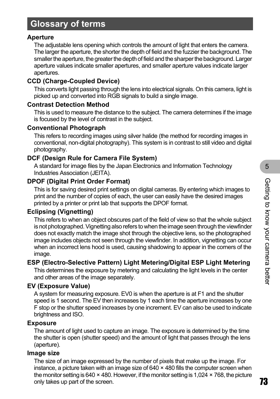 Glossary of terms | Olympus STYLUS 700 User Manual | Page 73 / 86