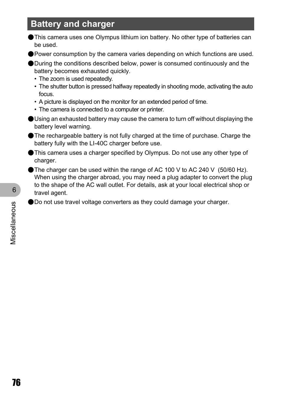 Battery and charger | Olympus STYLUS 700 User Manual | Page 76 / 86