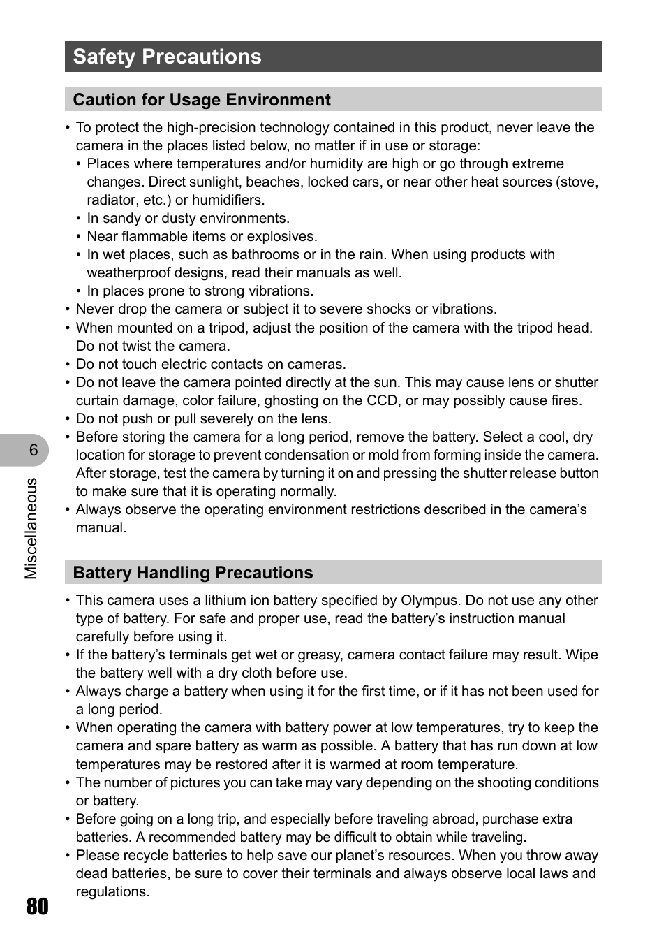 Safety precautions, Caution for usage environment, Battery handling precautions | Olympus STYLUS 700 User Manual | Page 80 / 86