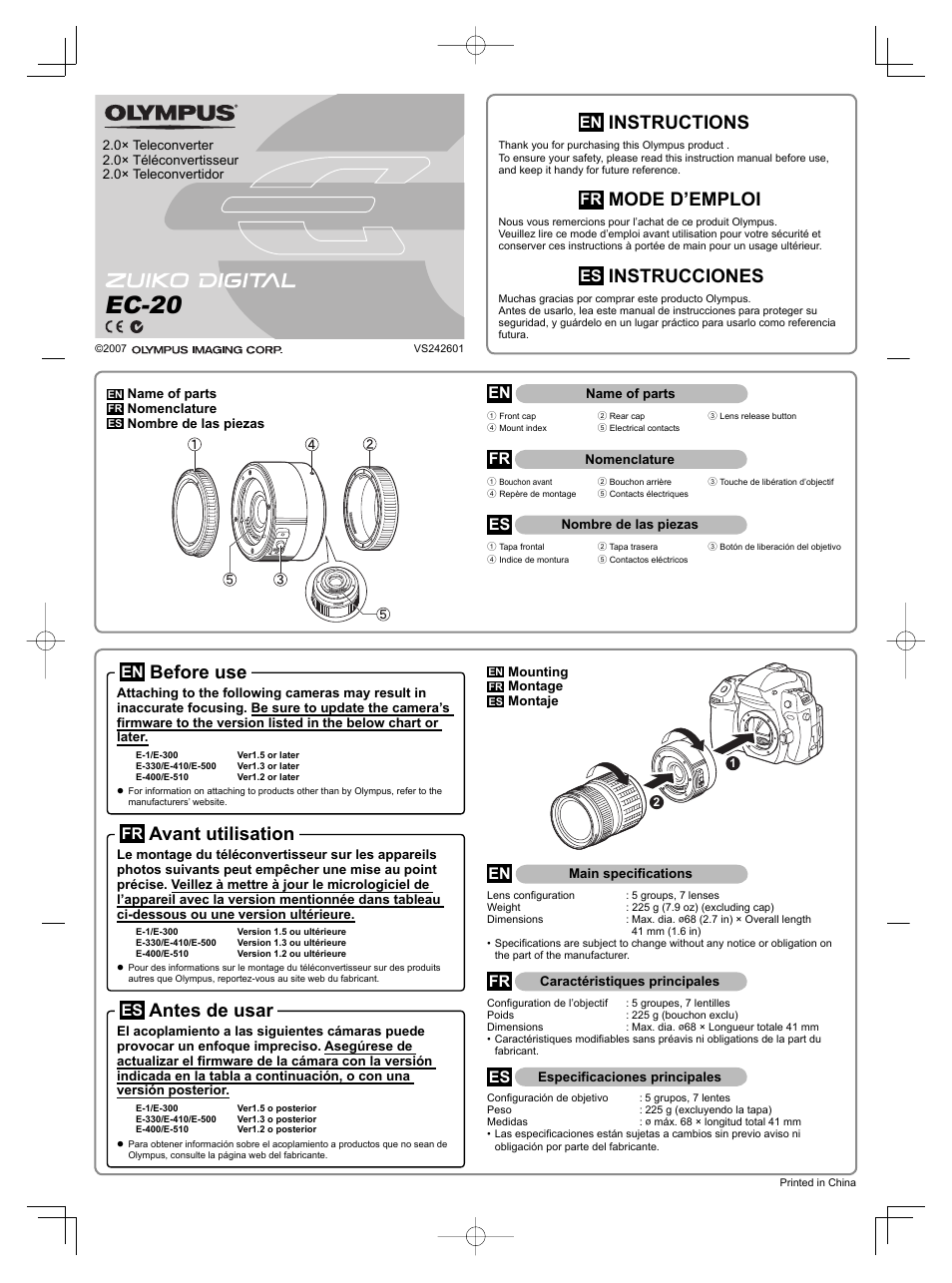 Olympus EC-20 2.0x Teleconverter User Manual | 2 pages