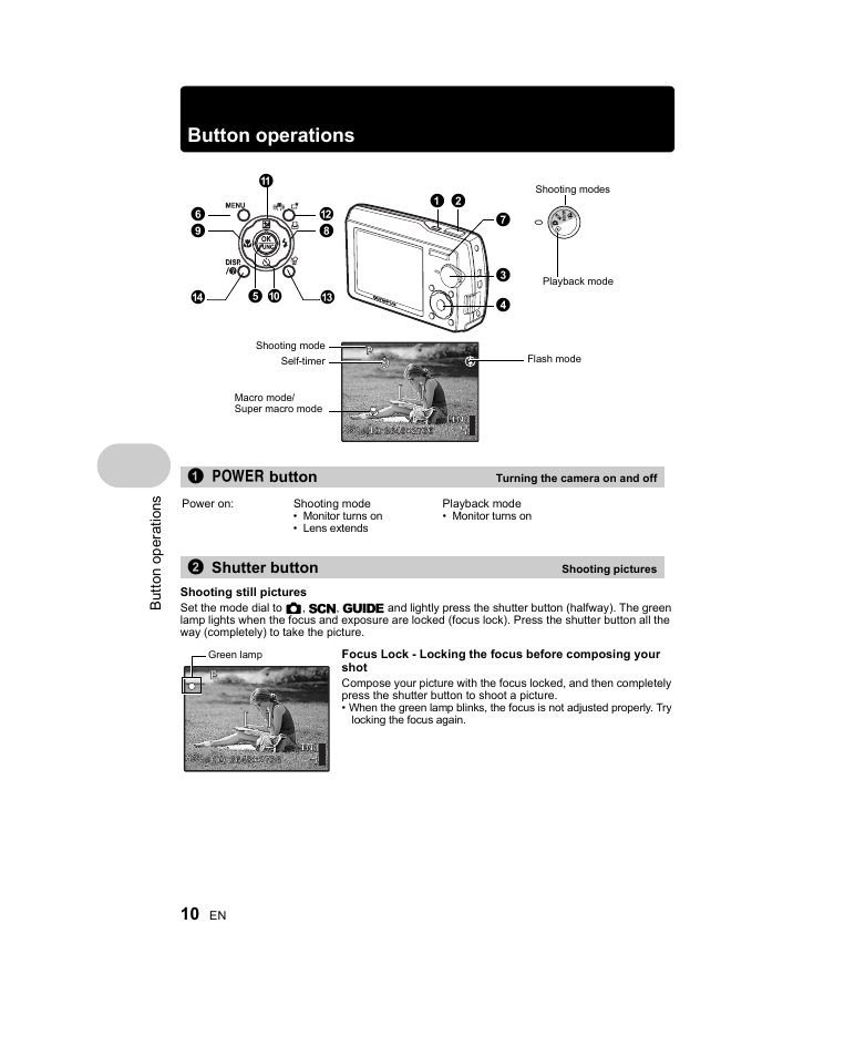 Button operations, Turning the camera on and off, Shooting pictures | P. 10, 1o button, 2shutter button | Olympus Stylus 1000 User Manual | Page 10 / 80