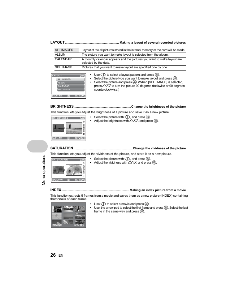 Making a layout of several recorded pictures, Change the brightness of the picture, Change the vividness of the picture | Making an index picture from a movie, Men u o perat io ns | Olympus Stylus 1000 User Manual | Page 26 / 80