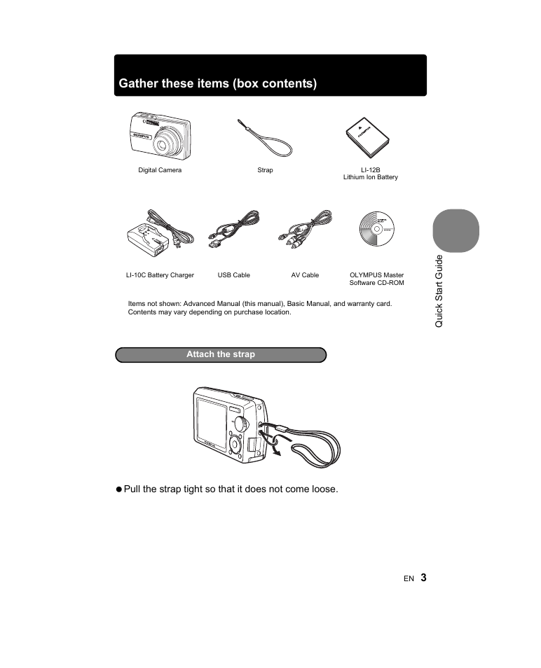 Quick start guide, P. 3, Gather these items (box contents) | Olympus Stylus 1000 User Manual | Page 3 / 80