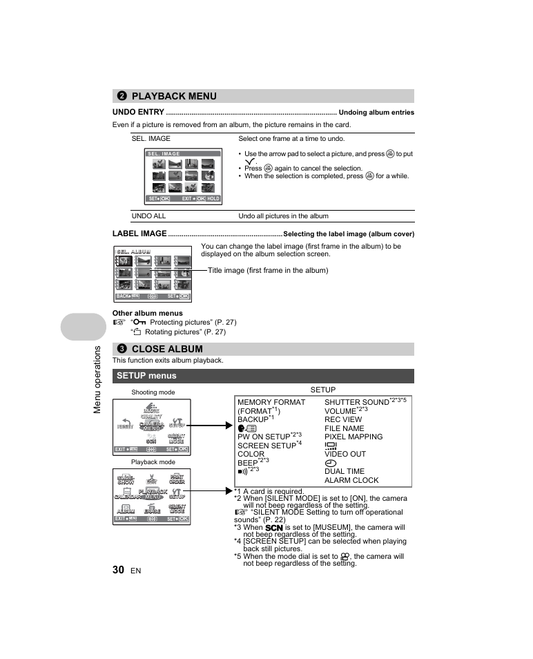 Playback menu, Undoing album entries, Selecting the label image (album cover) | Close album, Setup menus, Setup menus” (p. 30), 2playback menu, 3close album, Men u o perat io ns, Undo entry | Olympus Stylus 1000 User Manual | Page 30 / 80