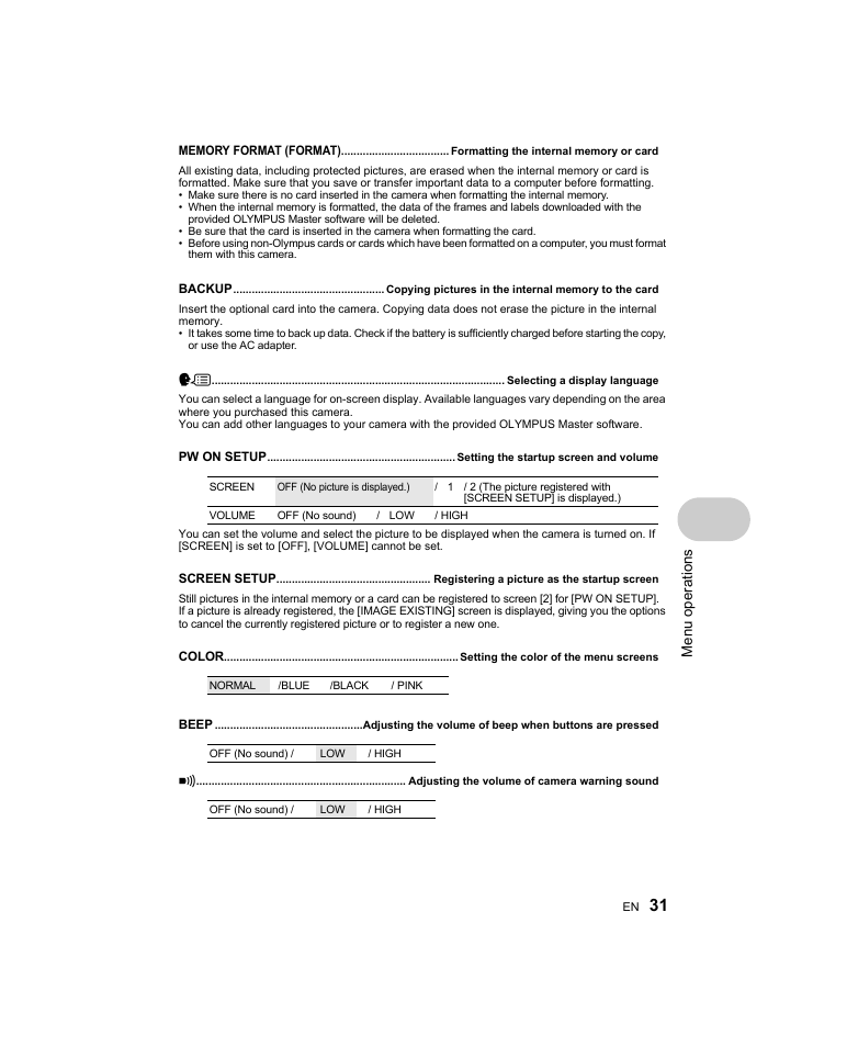 Formatting the internal memory or card, Selecting a display language, Setting the startup screen and volume | Registering a picture as the startup screen, Setting the color of the menu screens, Adjusting the volume of camera warning sound | Olympus Stylus 1000 User Manual | Page 31 / 80