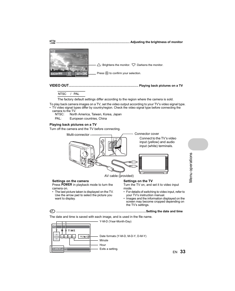 Adjusting the brightness of monitor, Playing back pictures on a tv, Setting the date and time | Men u o perat io ns | Olympus Stylus 1000 User Manual | Page 33 / 80
