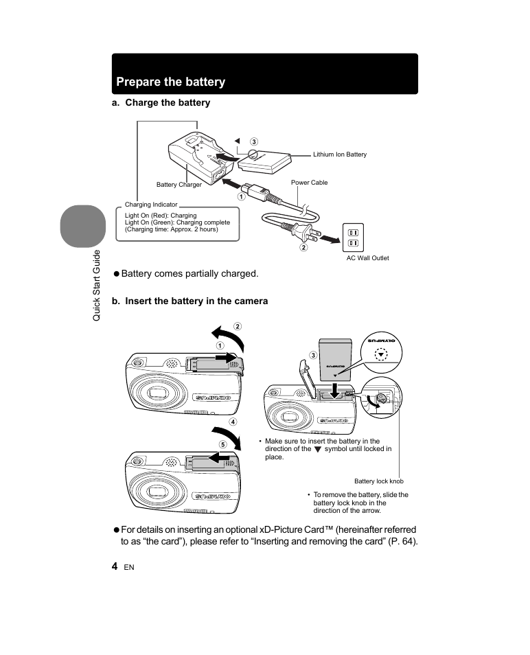 Prepare the battery | Olympus Stylus 1000 User Manual | Page 4 / 80