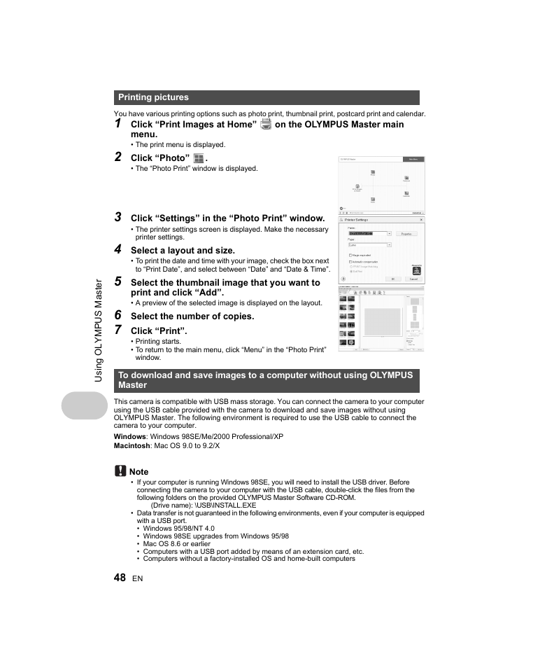 Printing pictures | Olympus Stylus 1000 User Manual | Page 48 / 80