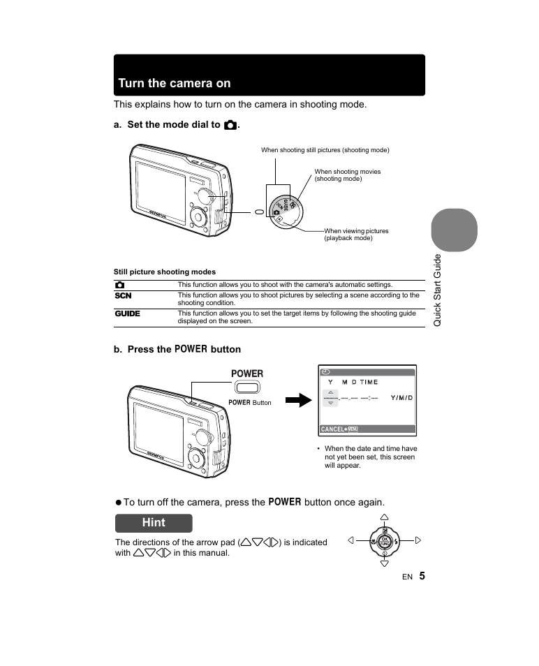 Turn the camera on, Hint | Olympus Stylus 1000 User Manual | Page 5 / 80