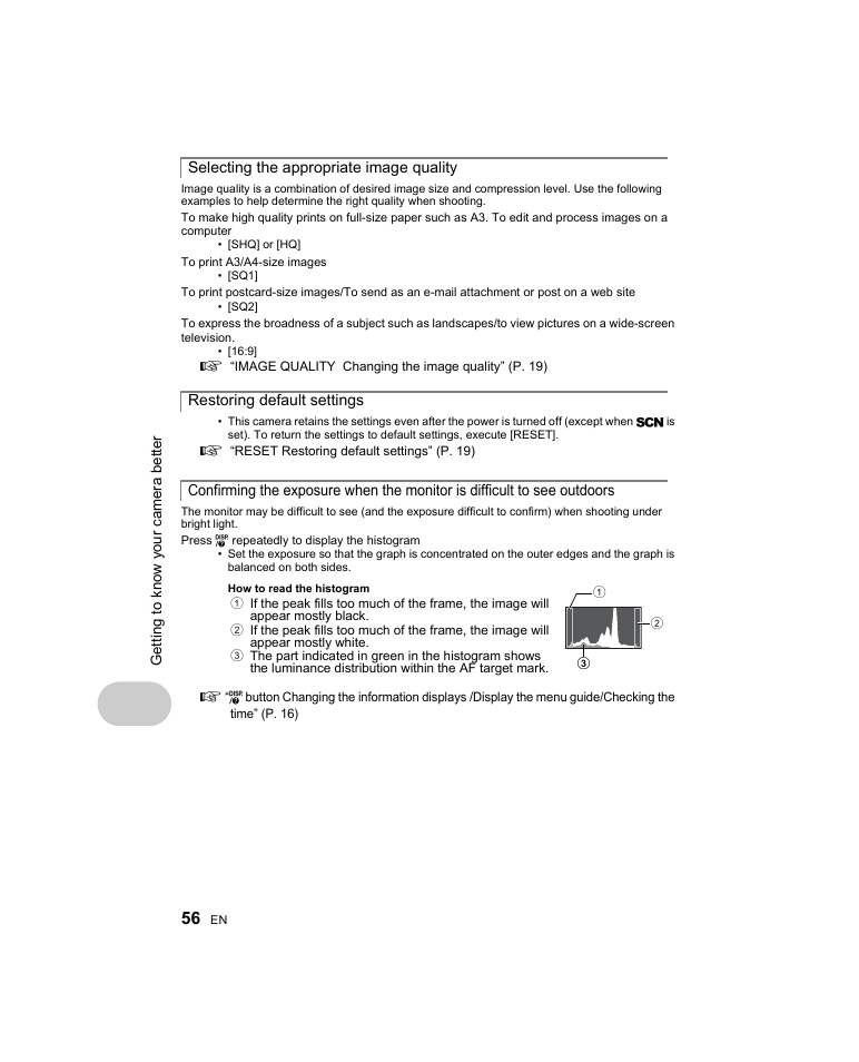 Selecting the appropriate image quality, Restoring default settings | Olympus Stylus 1000 User Manual | Page 56 / 80