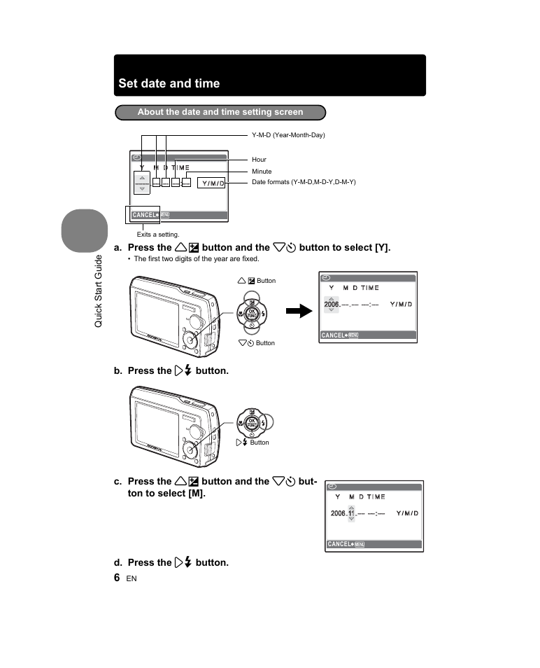 Set date and time, Quick start guide | Olympus Stylus 1000 User Manual | Page 6 / 80