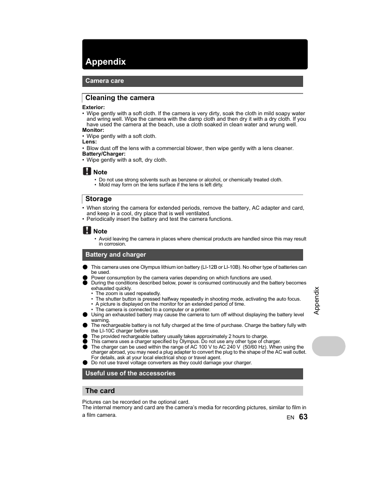 Appendix, Camera care, Battery and charger | Useful use of the accessories, The card, P. 63, The card” (p. 63), Cleaning the camera storage | Olympus Stylus 1000 User Manual | Page 63 / 80