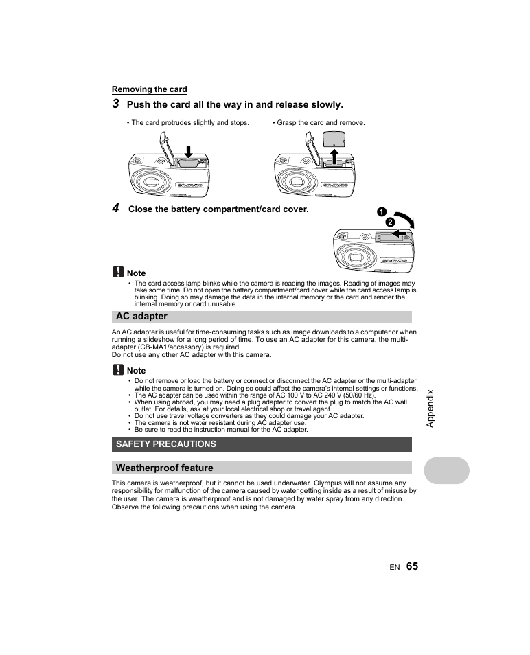 Ac adapter, Safety precautions | Olympus Stylus 1000 User Manual | Page 65 / 80