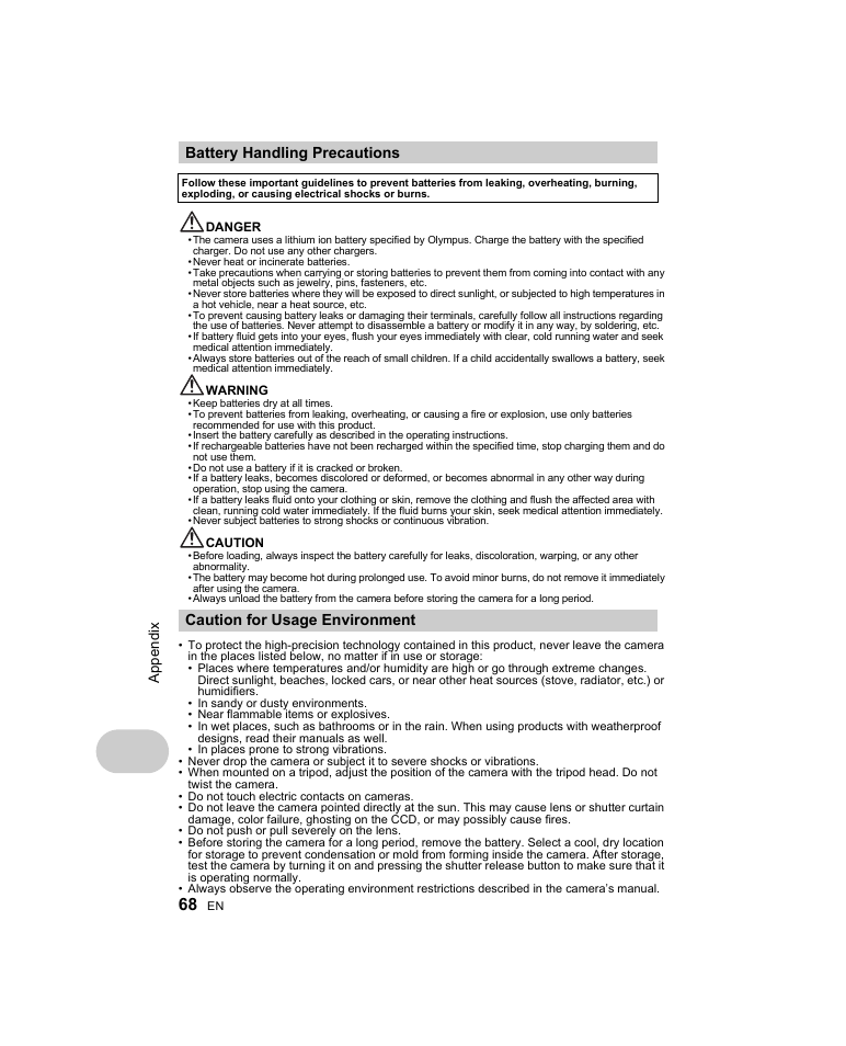 Battery handling precautions, Caution for usage environment | Olympus Stylus 1000 User Manual | Page 68 / 80