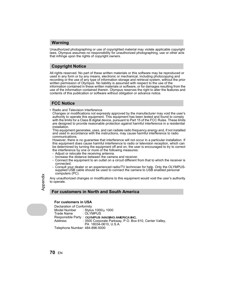 Olympus Stylus 1000 User Manual | Page 70 / 80