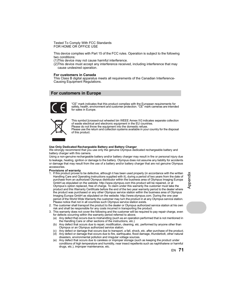 For customers in europe | Olympus Stylus 1000 User Manual | Page 71 / 80
