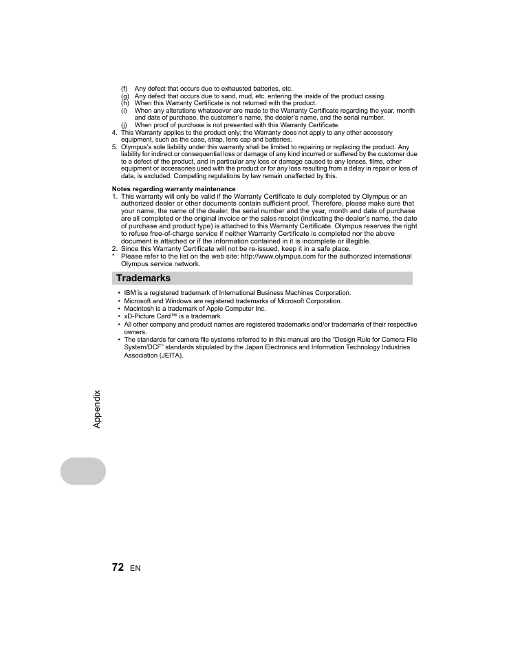 Trademarks | Olympus Stylus 1000 User Manual | Page 72 / 80