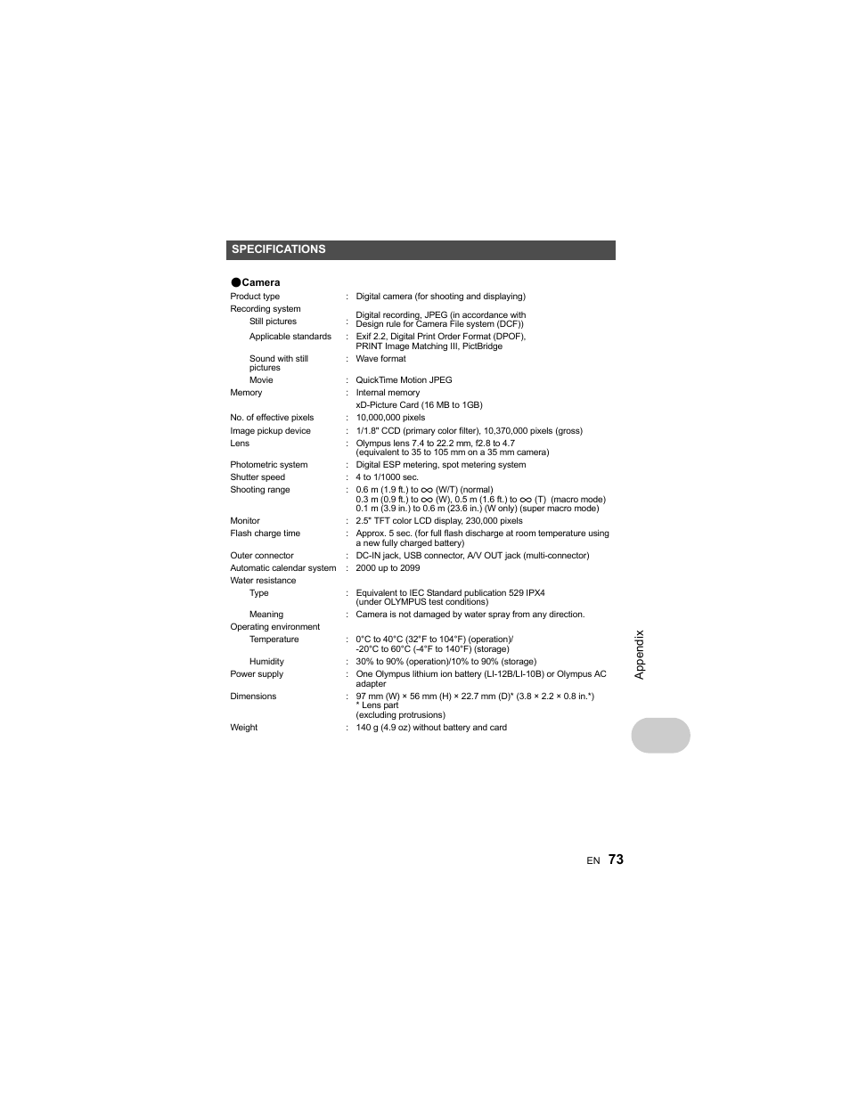 Specifications, Ap pend ix | Olympus Stylus 1000 User Manual | Page 73 / 80