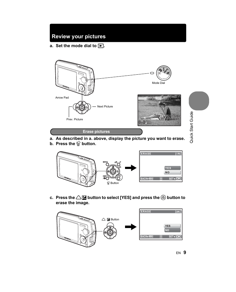 Review your pictures, Quick start guide | Olympus Stylus 1000 User Manual | Page 9 / 80