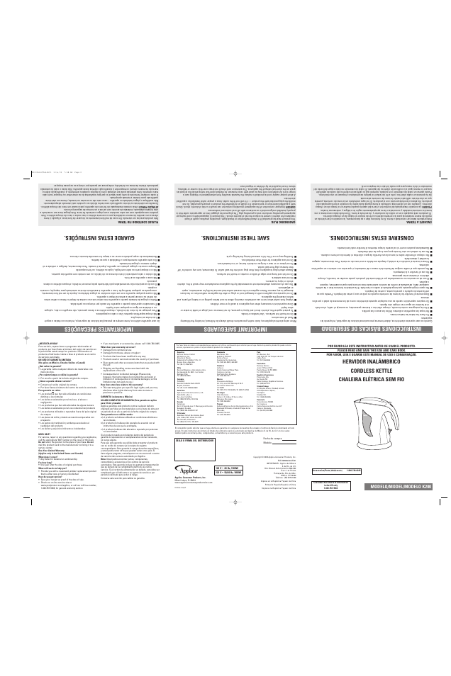 Important safeguards, Instrucciones básicas de seguridad, Importantes precauções | Modelo/model/modelo k200 | Applica K200 User Manual | Page 2 / 2