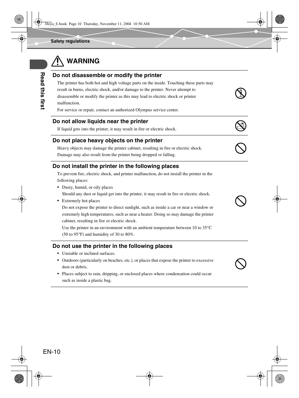 Warning, En-10 | Olympus P-S100 Digital Photo Printer User Manual | Page 10 / 132