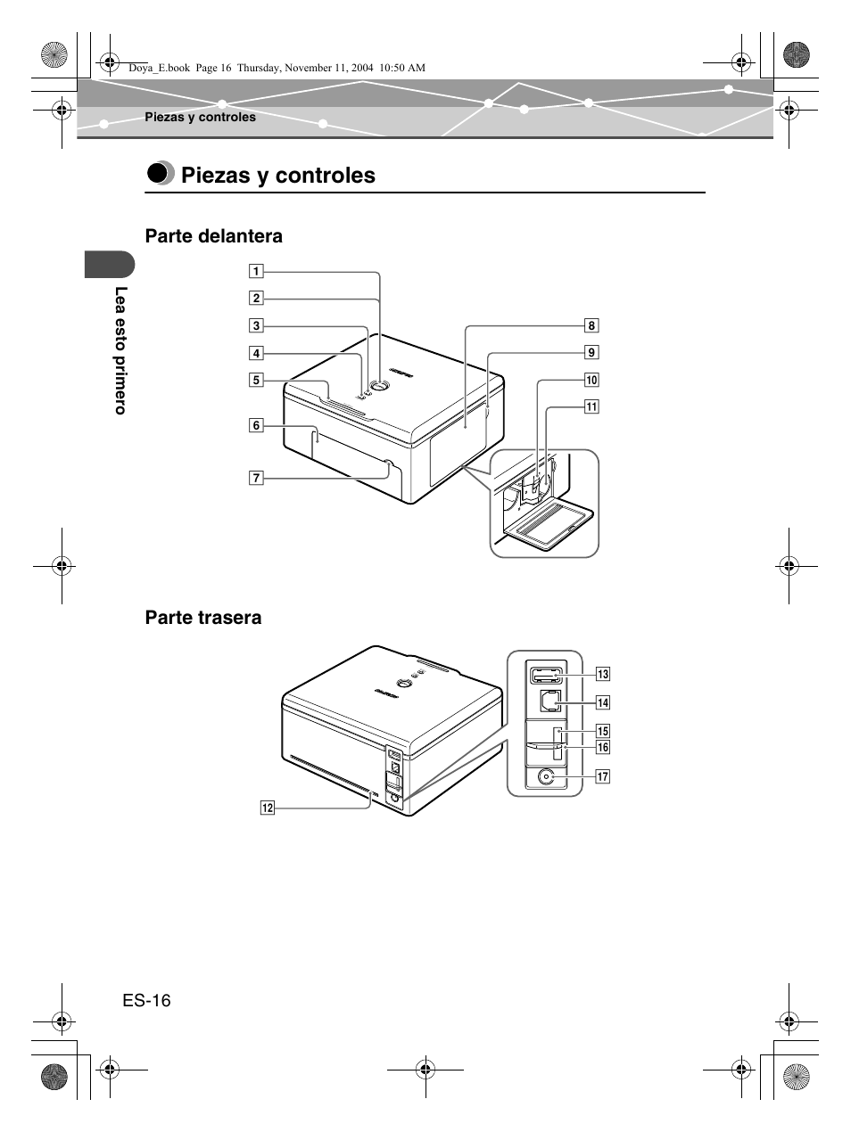 Piezas y controles, Parte delantera parte trasera, Es-16 | Olympus P-S100 Digital Photo Printer User Manual | Page 100 / 132