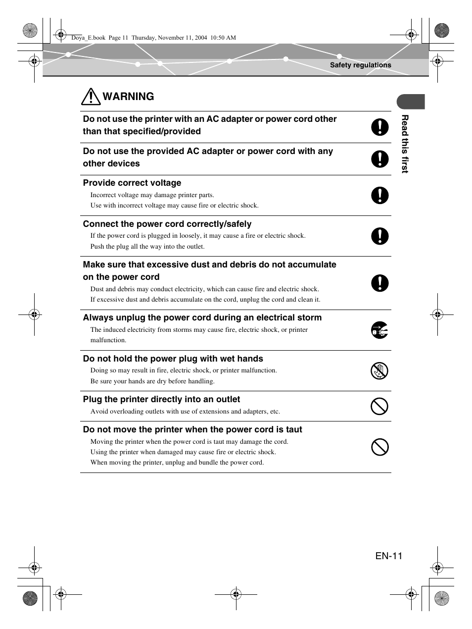Warning | Olympus P-S100 Digital Photo Printer User Manual | Page 11 / 132