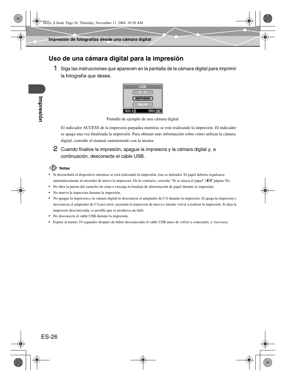 Uso de una cámara digital para la impresión 1, Es-26 | Olympus P-S100 Digital Photo Printer User Manual | Page 110 / 132