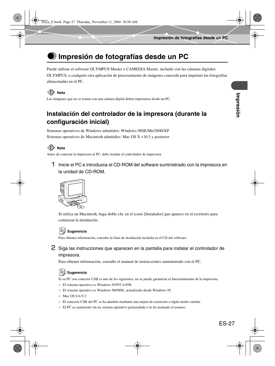 Impresión de fotografías desde un pc, Es-27 | Olympus P-S100 Digital Photo Printer User Manual | Page 111 / 132