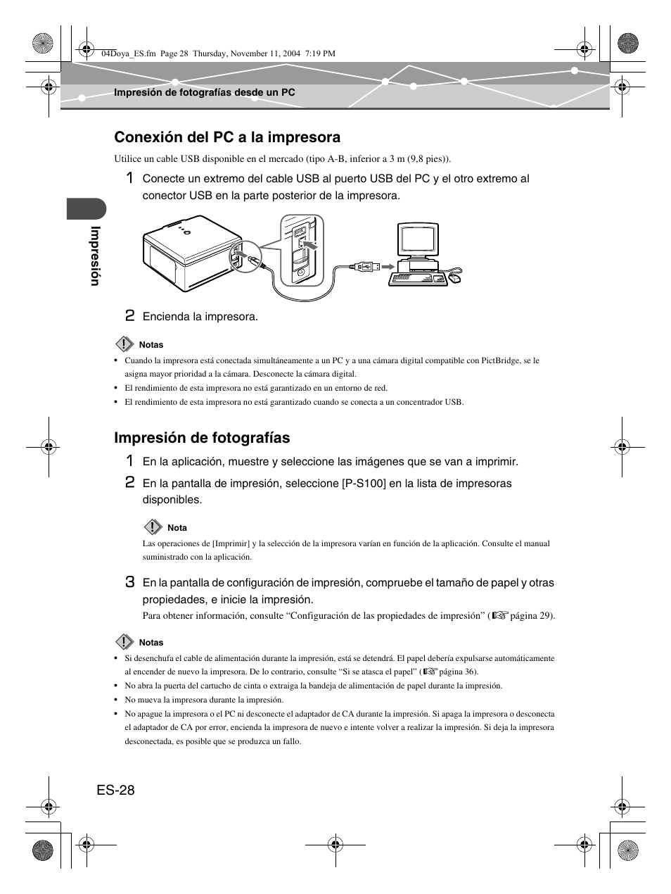Conexión del pc a la impresora, Impresión de fotografías 1, Es-28 | Olympus P-S100 Digital Photo Printer User Manual | Page 112 / 132