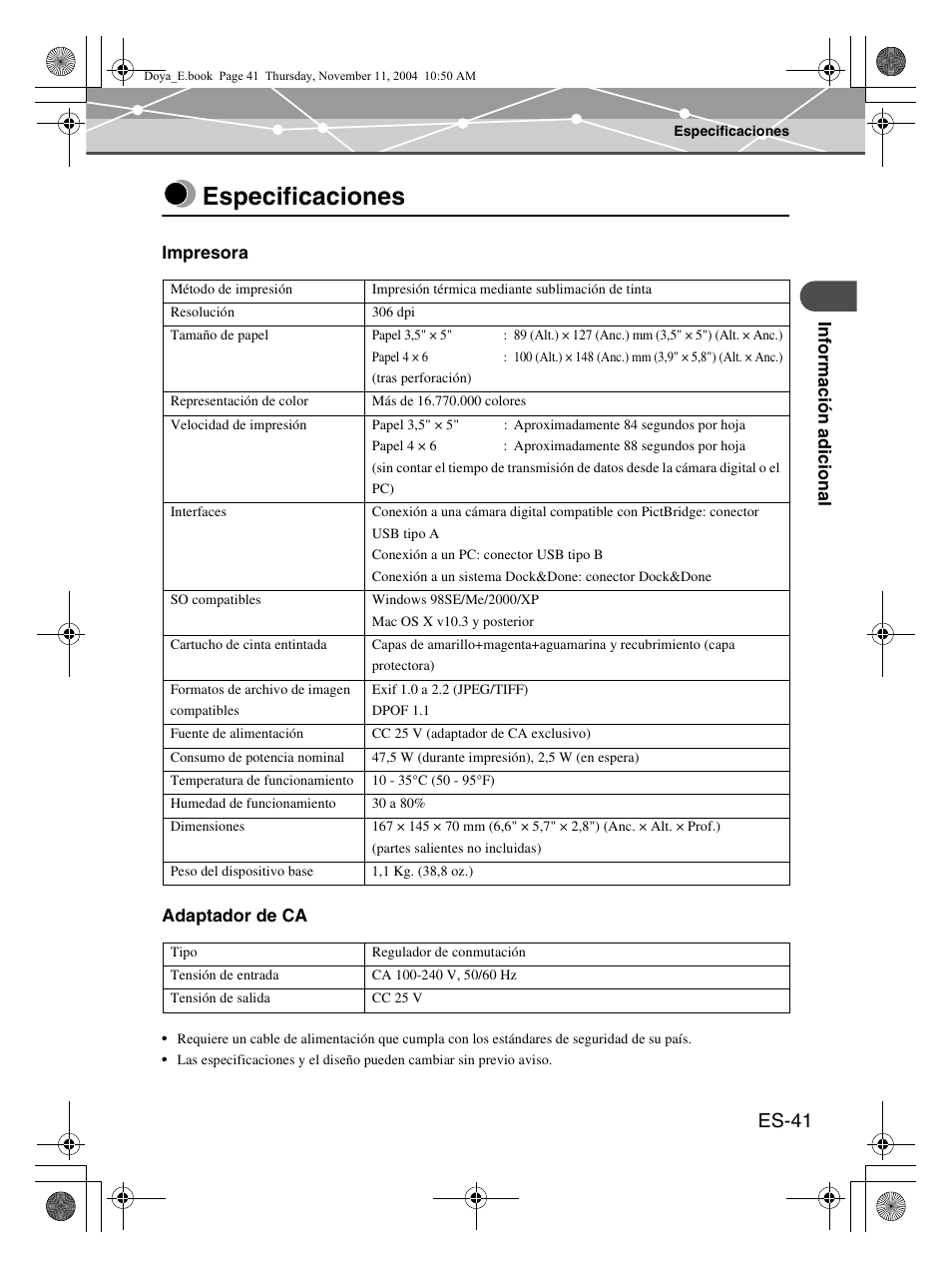 Especificaciones, Es-41 | Olympus P-S100 Digital Photo Printer User Manual | Page 125 / 132