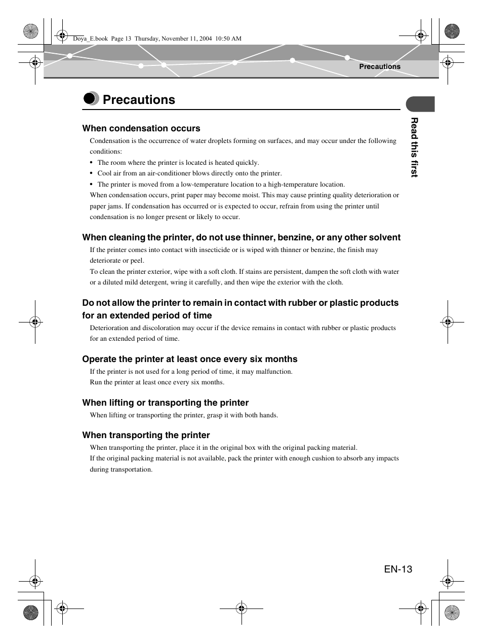 Precautions, En-13 | Olympus P-S100 Digital Photo Printer User Manual | Page 13 / 132